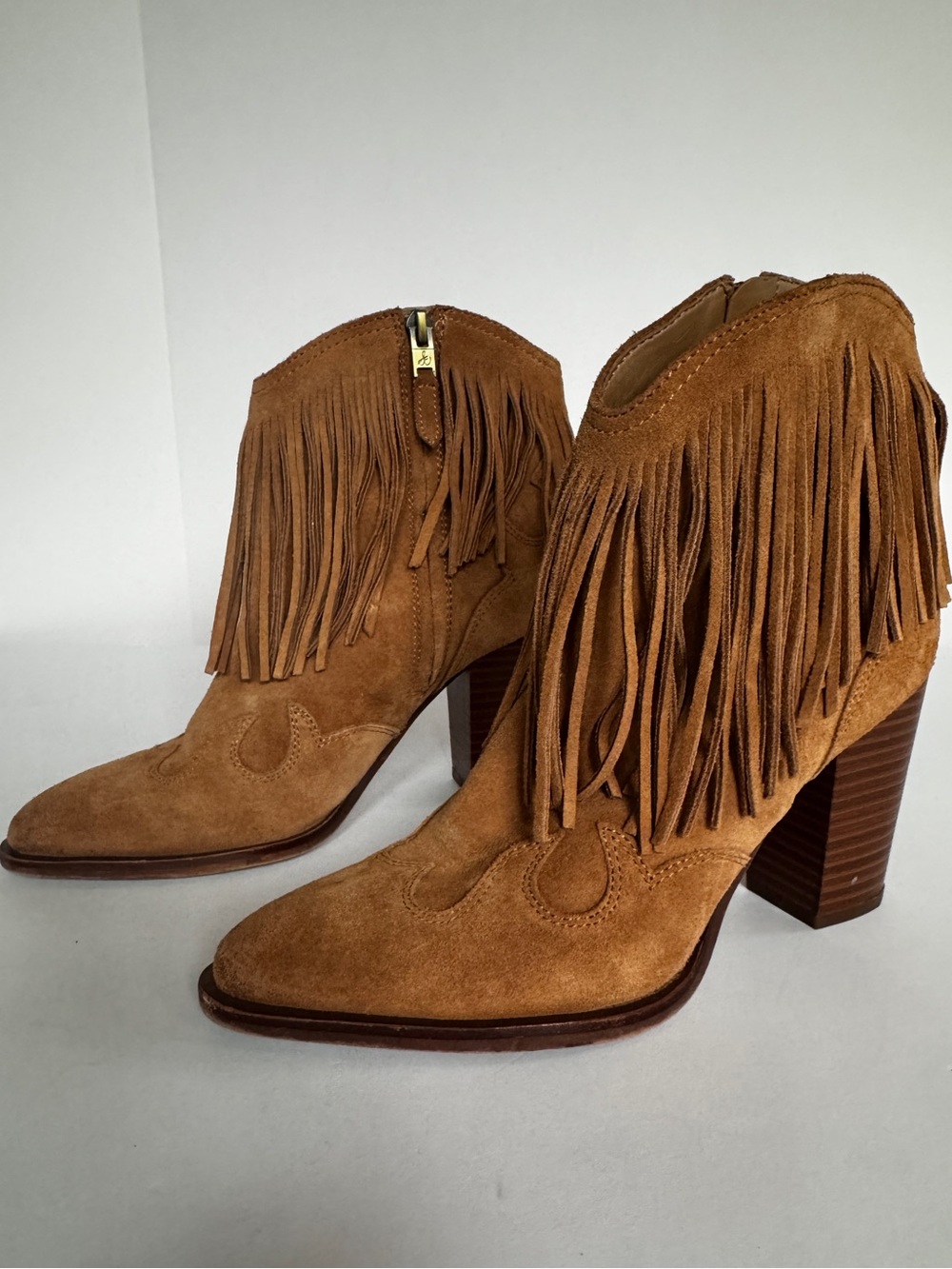 Sam Edelman Benjie Heeled Suede Fringed Bootie Boots Camel Wm's Sz 6.5 Cowboy